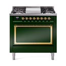 Emerald green range with closed oven door, brass handle, and four cooktop burners