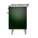 Emerald green range cabinet side with brass hinges and adjustable metal feet