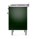 Emerald green range end panel with copper control knobs and pedestal legs