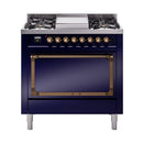 Dual-fuel gas range with oven door, midnight blue body and bronze control knobs