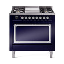 Midnight blue dual-fuel range with knob controls, four-burner cooktop, and closed oven door