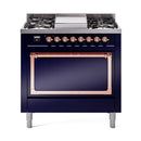 36-inch dual fuel range in midnight blue with copper trim, stovetop and oven door