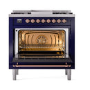 Oven door open, showing interior racks and back burner inside a midnight blue range