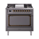 ILVE dual fuel range with matte graphite finish, bronze trim, closed oven door
