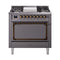ILVE Nostalgie II Noblesse 36-Inch 3.5 Cu. Ft. Propane Gas Dual Fuel Range with 6 Burners, Griddle and Solid Door in Matte Graphite with Burnished Bronze Trim (UN36FQNMPMGBLP)