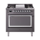 Matte graphite dual-fuel range with chrome control knobs and open solid oven door