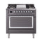 ILVE Nostalgie II Noblesse 36-Inch 3.5 Cu. Ft. Natural Gas Dual Fuel Range with 6 Burners, Griddle and Solid Door in Matte Graphite with Chrome Trim (UN36FQNMPMGC)