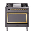 Matte graphite range with brass-trim oven window and stovetop burners