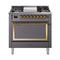 ILVE Nostalgie II Noblesse 36-Inch 3.5 Cu. Ft. Propane Gas Dual Fuel Range with 6 Burners, Griddle and Solid Door in Matte Graphite with Brass Trim (UN36FQNMPMGGLP)
