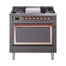 ILVE dual fuel range with matte graphite finish, copper-trim control panel and oven window