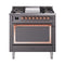 ILVE Nostalgie II Noblesse 36-Inch 3.5 Cu. Ft. Natural Gas Dual Fuel Range with 6 Burners, Griddle and Solid Door in Matte Graphite with Copper Trim (UN36FQNMPMGP)