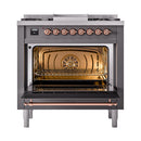 ILVE dual fuel range with open oven door showing gas-burner style oven interior