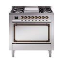 Stainless steel range with open oven door and interior racks, bronze handle trim