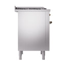 Stainless steel side panel of dual fuel range with bronze control knobs