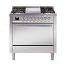 Stainless steel dual fuel range front view with knobs and closed oven door