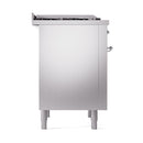 Stainless steel oven door panel with two chrome handle knobs and top burners