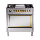 Stainless steel dual fuel range oven with open door and brass-trim frame