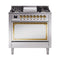 ILVE Nostalgie II Noblesse 36-Inch 3.5 Cu. Ft. Natural Gas Dual Fuel Range with 6 Burners, Griddle and Solid Door in Stainless Steel with Brass Trim (UN36FQNMPSSG)