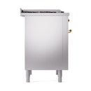 Stainless steel dual fuel range side view with brass handle hardware and feet