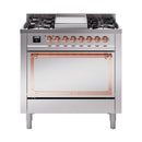 Stainless steel dual-fuel range with open oven door, gas burners, and copper trim