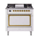 36-inch dual fuel range with solid door oven, white with brass trim and burner knobs