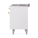 White range oven end panel with brass hinge hardware and top vent grilles