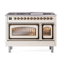 Antique white dual fuel freestanding range with bronze-trimmed control panel and oven doors