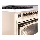 Bronze control knobs and handle on antique white dual fuel freestanding range