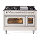 Antique white dual-fuel range with chrome-trim front, burners, and two oven doors