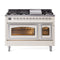ILVE Nostalgie II Noblesse 48-Inch 5.02 Cu. Ft. Dual Oven Natural Gas Dual Fuel Range with 8 Burners, Griddle and Triple Glass Door in Antique White with Chrome Trim (UN48FNMPAWC)