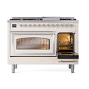 Antique white range front with two ovens open and lit interiors, chrome handles and feet