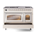 Antique white range with glass oven window, open doors, and chrome control knobs above