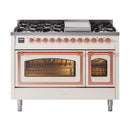 Antique white freestanding range with copper trim; both ovens open with interior racks visible.