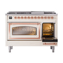Dual fuel range front with open ovens, copper-trimmed door frames and handles