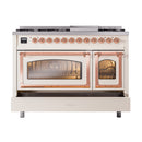 Antique white freestanding range with copper trim; front oven doors open and storage area visible.