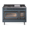 ILVE Nostalgie II Noblesse 48-Inch 5.02 Cu. Ft. Dual Oven Propane Gas Dual Fuel Range with 8 Burners, Griddle and Triple Glass Door in Blue Grey with Burnished Bronze Trim (UN48FNMPBGBLP)