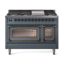 Freestanding dual fuel gas range in blue grey with bronze trim, two oven doors