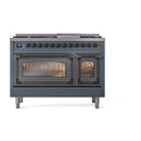 Blue grey freestanding dual fuel range with two ovens, bronze trim, and control knobs