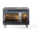 Blue grey freestanding dual fuel range with both oven doors open and illuminated interiors