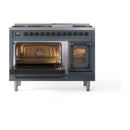 Freestanding dual fuel gas range with open ovens, blue grey body and bronze trim