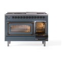 Blue grey freestanding dual fuel range with left oven window view and right oven door open