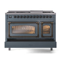 Freestanding dual fuel gas range front view in blue grey with bronze trim and burner knobs