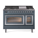Blue grey dual fuel freestanding range with chrome control knobs and two oven doors