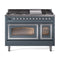 ILVE Nostalgie II Noblesse 48-Inch 5.02 Cu. Ft. Dual Oven Propane Gas Dual Fuel Range with 8 Burners, Griddle and Triple Glass Door in Blue Grey with Chrome Trim (UN48FNMPBGCLP)