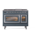 Blue grey dual fuel freestanding range with chrome-trimmed controls and two oven doors