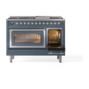 Blue grey dual fuel freestanding range with chrome-trimmed doors and control knobs