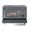 Blue grey dual fuel range front view with two oven windows and chrome handle trim