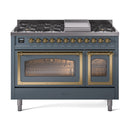 Freestanding dual fuel range front with both ovens open, racks visible, blue grey and brass trim