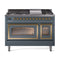 ILVE Nostalgie II Noblesse 48-Inch 5.02 Cu. Ft. Dual Oven Natural Gas Dual Fuel Range with 8 Burners, Griddle and Triple Glass Door in Blue Grey with Brass Trim (UN48FNMPBGG)