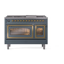 Freestanding dual fuel range, blue grey with brass trim, twin oven doors and knobs